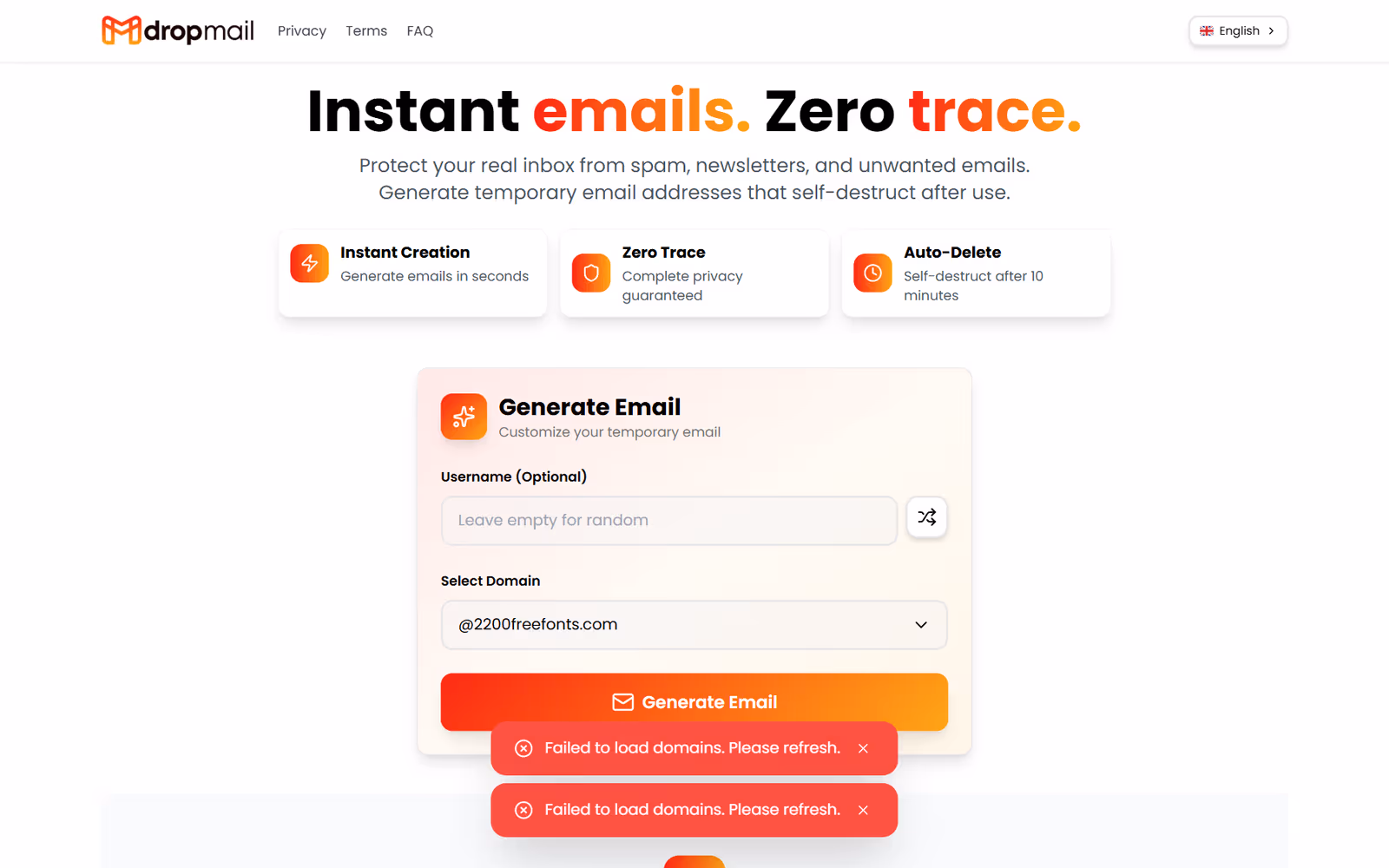 Dropmail homepage on desktop