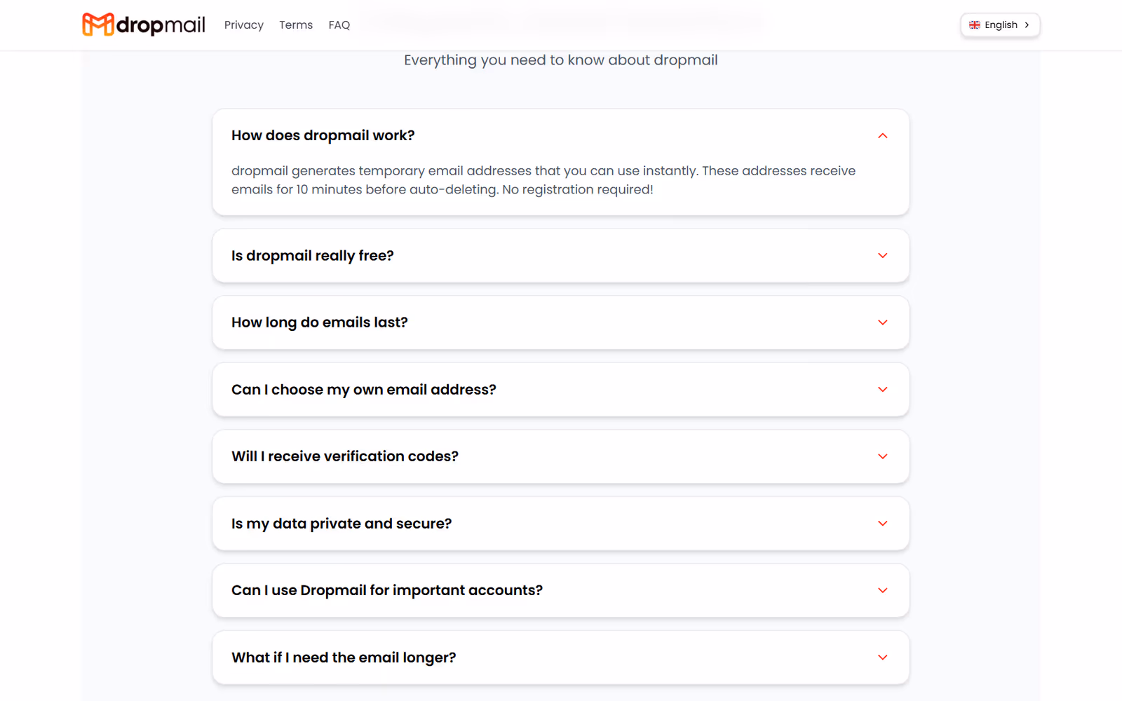Dropmail page section on desktop