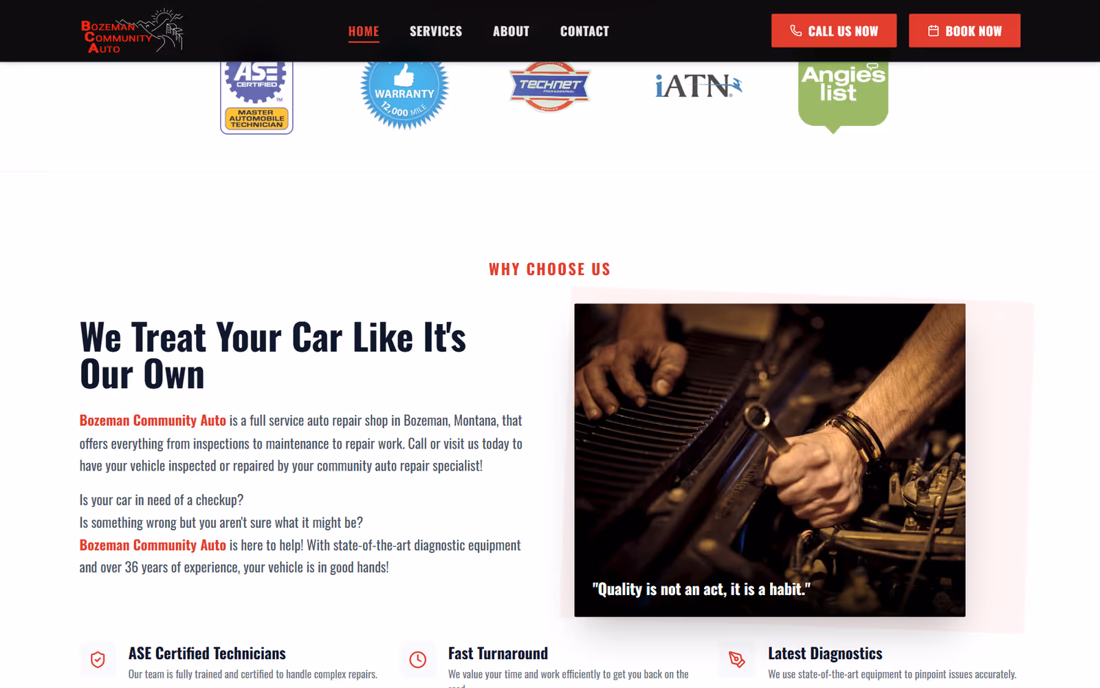Bozeman Community Auto Repair page section on desktop