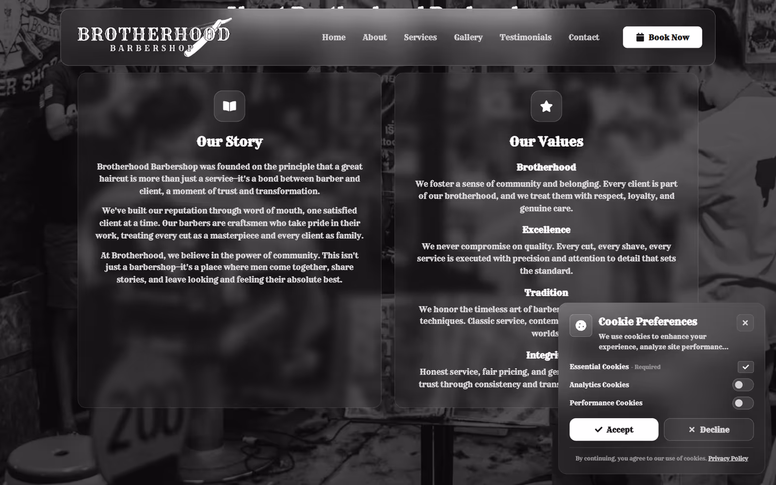 Brotherhood Barbershop page section on desktop
