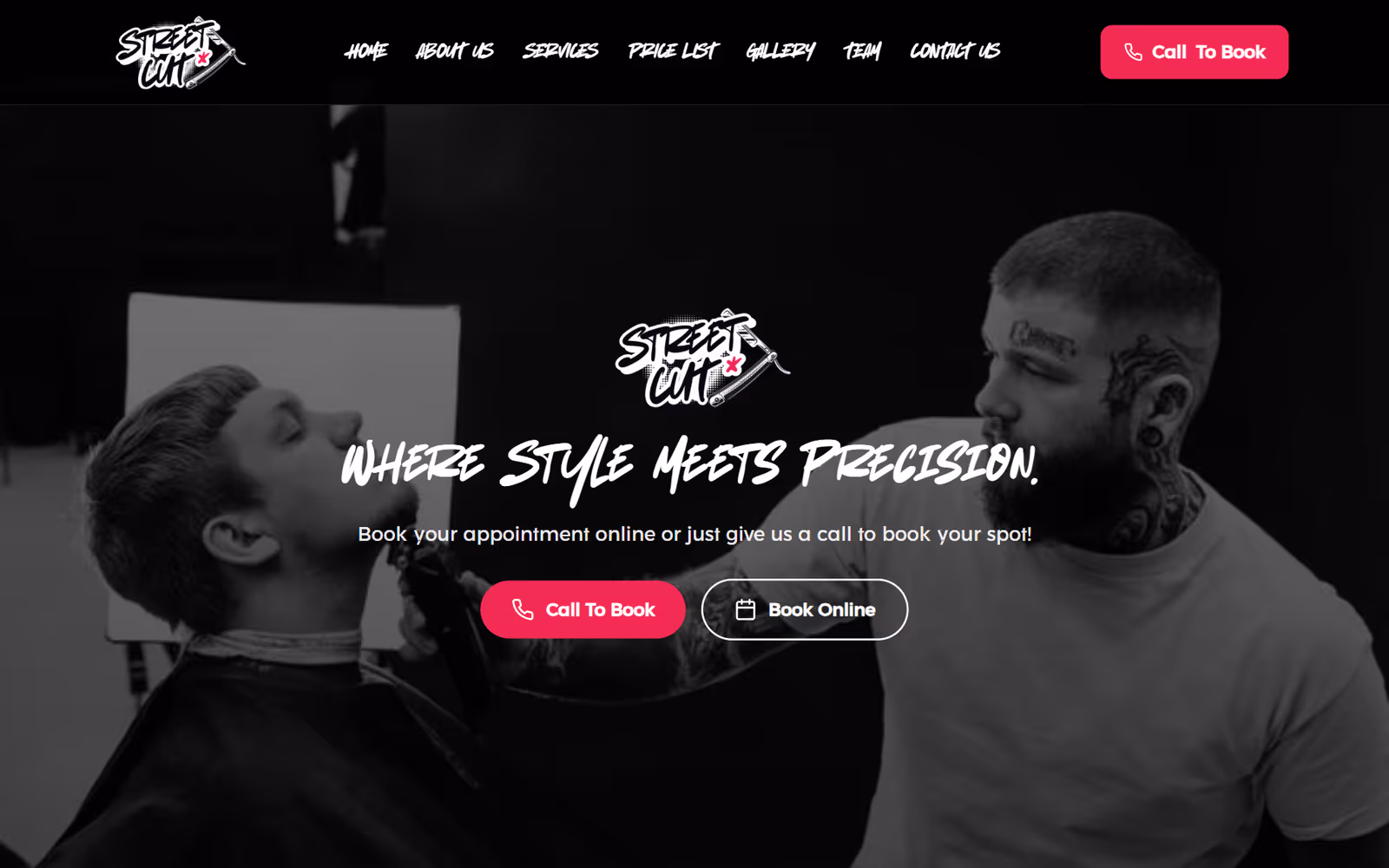 StreetCut Barbershop homepage on desktop