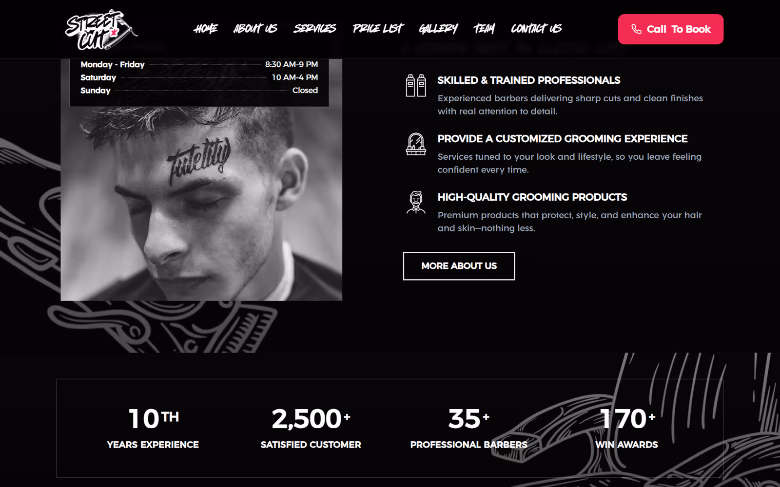 StreetCut Barbershop page section on desktop