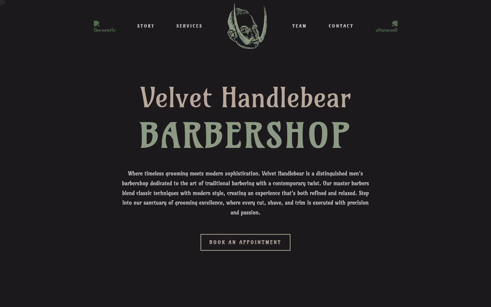 Velvet Handlebear Barbershop homepage on desktop